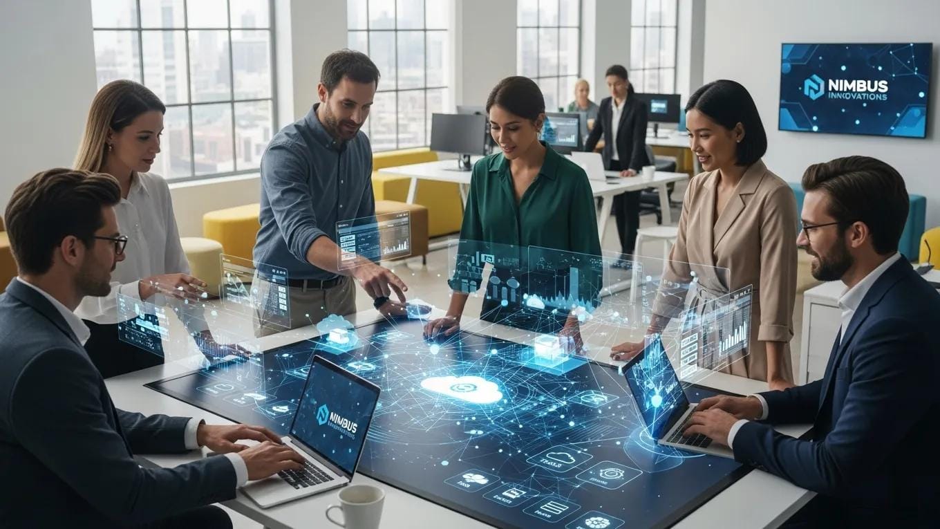 Business professionals collaborating over cloud computing technology in a modern office setting