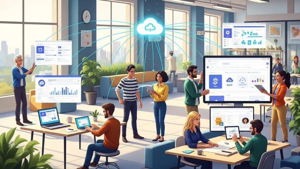 Employees accessing SaaS applications on digital devices in a collaborative business environment