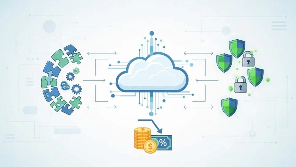 Illustration of cloud infrastructure benefits highlighting scalability, security, and cost efficiency